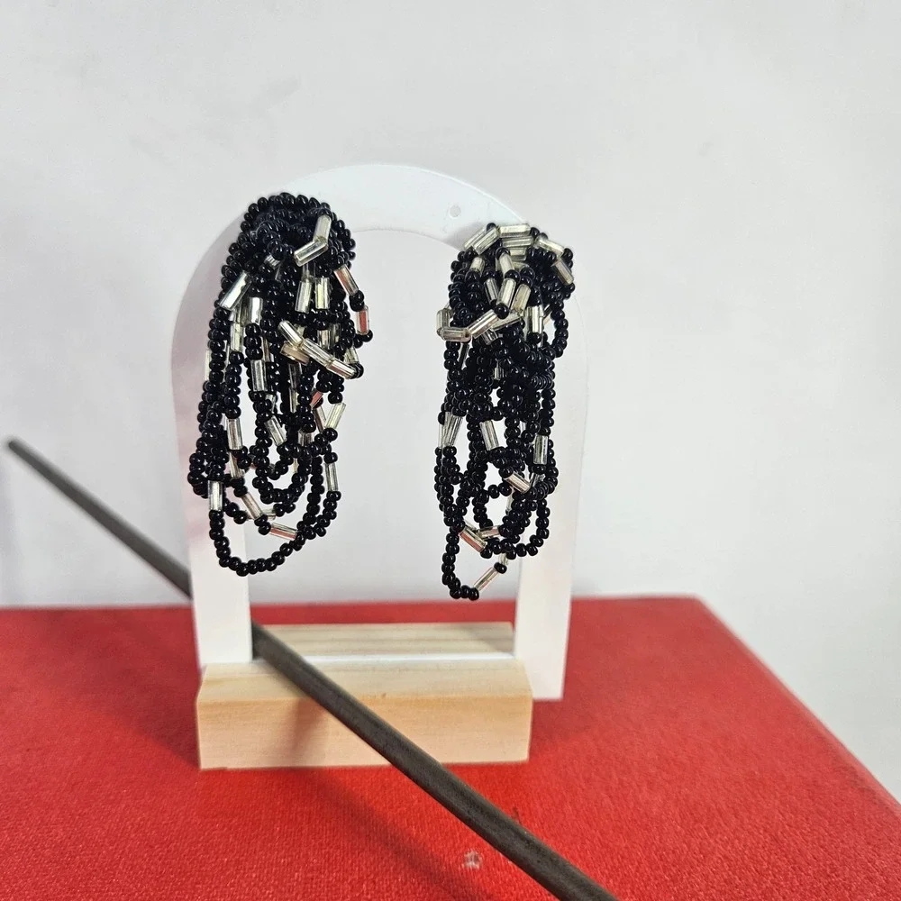 Vintage Black Silver Seed Bead‎ Waterfall Tassel Cluster Clip On Earrings 2